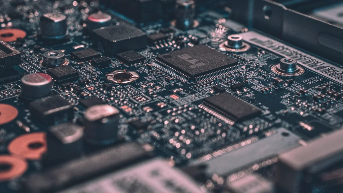 Circuit board close-up representing RISC-V chip architecture